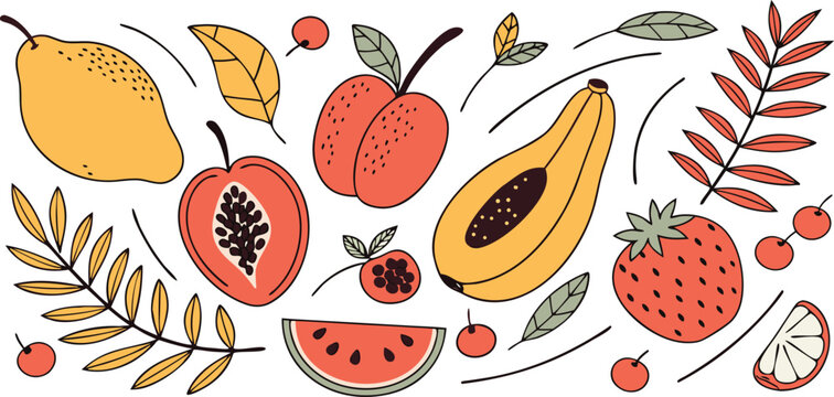 Rustic autumn fruit collection with hand drawn textures featuring apple pear strawberry and watermelon