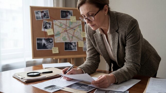 Female detective researching investigating a complex case using documents and a cork board
