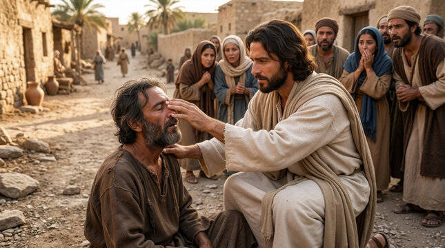 Jesus healing a blind man on the roadside. Biblical scene of miracle and compassion in ancient village