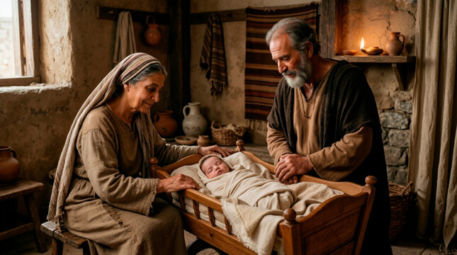 Nativity of the Blessed Virgin Mary. Newborn baby in a wooden cradle with parents in an ancient home setting