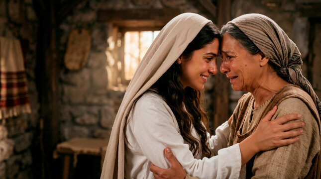 The visitation of Mary and Elizabeth. Biblical scene of two women embracing in a stone house. Religious historical reenactment