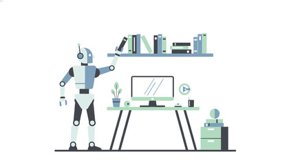 Fototapeta premium Efficient robot stands by a desk with a computer while reaching for a book on a high shelf in a modern, automated workspace environment.