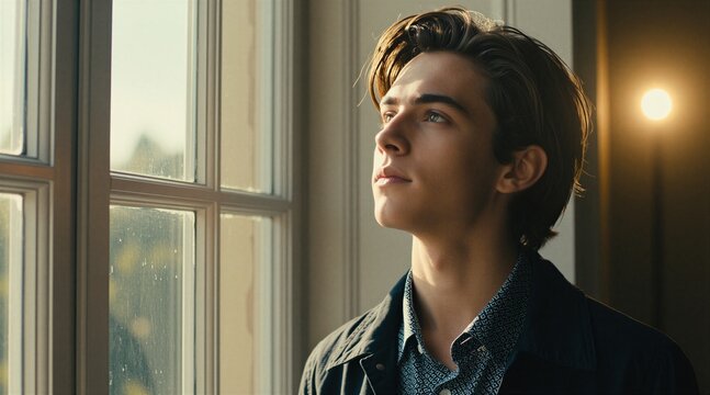 Young man looks out window. Warm sunlight shines on his face and hair. He wears a patterned shirt and jacket. Indoor portrait creates thoughtful mood. Peaceful natural light.