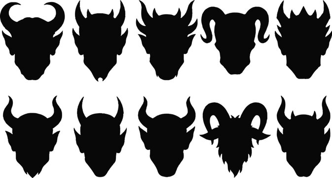 Black silhouettes of various bull and ram heads