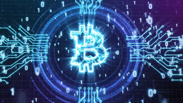 Glowing bitcoin symbol with digital circuitry and binary data flow, cryptocurrency mining concept, blockchain technology background animation