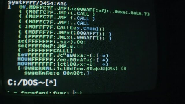 Retro computer terminal display with scrolling green programming code and command line interface coding