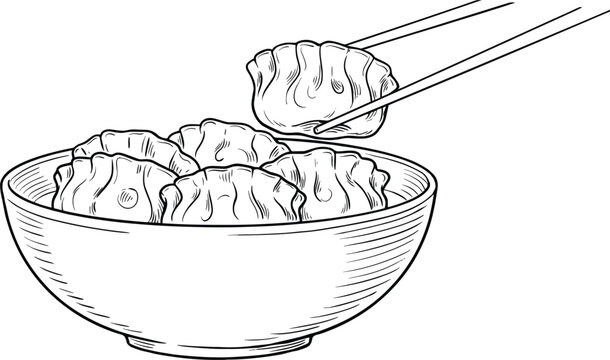  Traditional Chinese Dumplings in a Bowl Hand Drawn Engraving Style Vector with Chopsticks Picking Up Gyoza for Asian Restaurant Menu Design