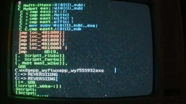 Retro crt monitor displaying complex assembly code and software reverse engineering process with digital glitch effects