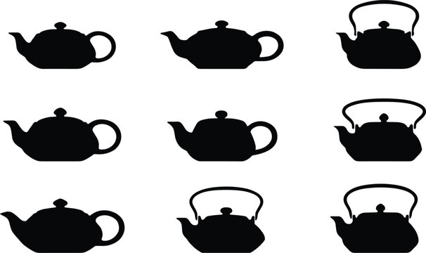 Teapot Silhouette Vector Icon Set Featuring Diverse Classic Kettle Shapes for Tea Shop Branding, Restaurant Menus, Kitchenware, and Cafe Logo Designs