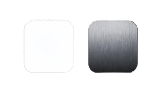 Square shaped metal plate or button blank with template geometry industrial material minimalist branding identity promotional merchandise aluminum component construction as PNG cutout