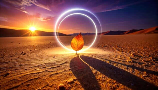 Autumn leaf inside glowing ring on desert sand.