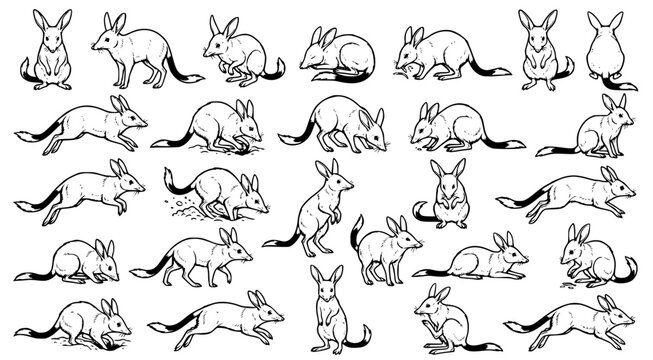 Bilby line art collection featuring the endangered marsupial in various poses for wildlife conservation awareness and graphic design projects