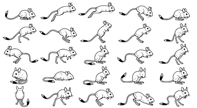 Detailed line art set of jerboas in various dynamic poses and behaviors isolated on white for educational wildlife drawing project