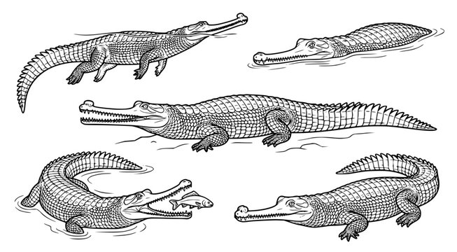 Set of detailed hand drawn crocodiles in various swimming and resting poses isolated on white background for aquatic wildlife design and educational projects
