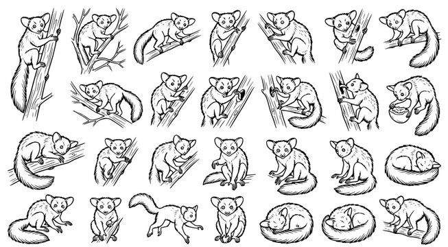 Collection of hand drawn galago or bush baby illustrations in various active and resting poses for wildlife design and zoological educational materials
