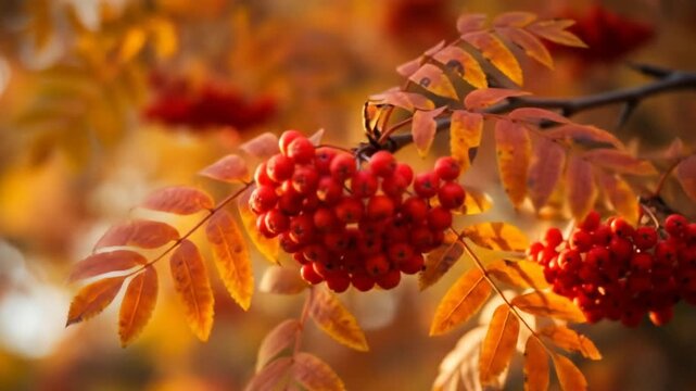 Red rowan berries and golden autumn leaves in sunlight