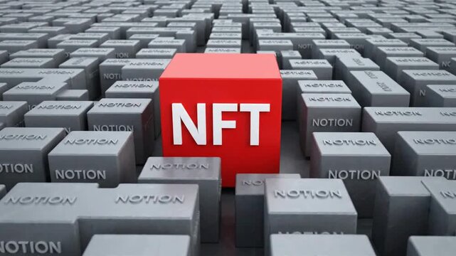 Red nft cube standing out in a field of grey notion blocks: digital asset, cryptocurrency, and blockchain technology concept for modern finance