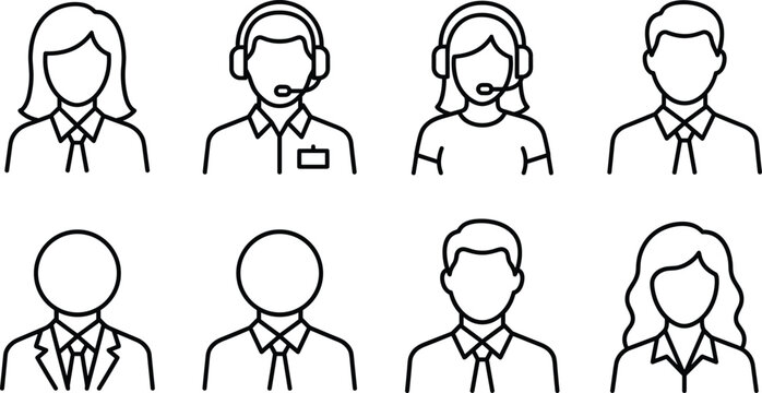 Customer Service And Business Avatar Vector Outline Icon Set Featuring Corporate Call Center Staff Profiles