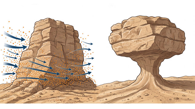Wind erosion and mushroom rock formation in a desert environment.