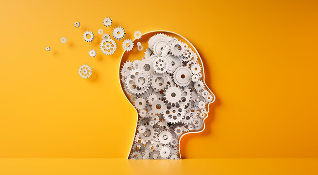 Conceptual artwork showing a 3D silhouette of a head with gear mechanics showing losing memory and intelligence against yellow wall