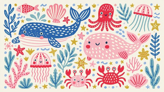 Cute sea creatures swimming underwater with marine life. Cute marine animals and ocean plants creating a whimsical underwater world illustration