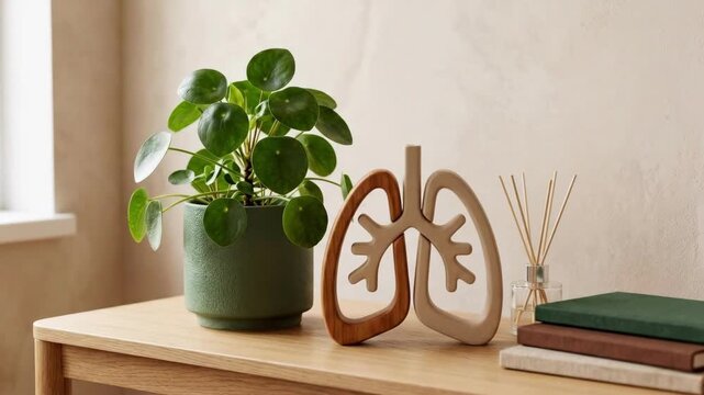 Houseplant in green pot beside wooden lungs model on wooden table. Stack of books and reed diffuser nearby. World asthma day concept promoting clean air and allergy prevention
