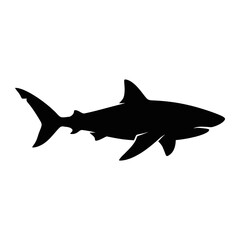 Fototapeta premium Black shark silhouette, ocean predator icon, marine life symbol, vector graphic isolated on White Background