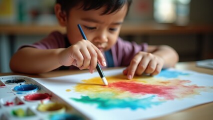 Naklejka premium south asian child opens watercolor set in classroom