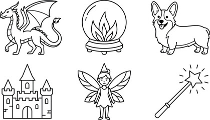 Fototapeta premium Fantasy Tale Vector Outline Icon Set Featuring Dragon Castle Fairy And Magic Elements For Kids
