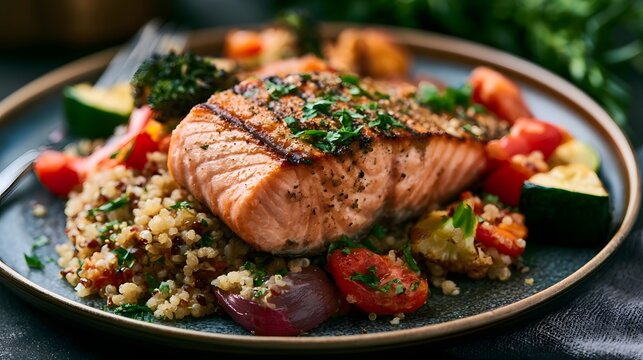 Moody grilled salmon served with quinoa and roasted vegetables on a rustic plate highlighting rich textures and warm colors