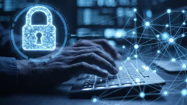 Cybersecurity typing on keyboard with digital data protection lock and network connection interface for online privacy