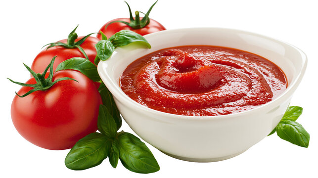 Fresh red tomatoes and basil leaves next to a bowl of ketchup, isolated on transparent background