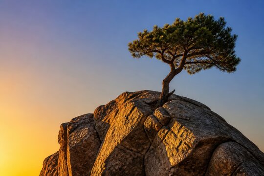 Solitary pine tree on rugged rock at golden sunset with calm sky and dramatic light