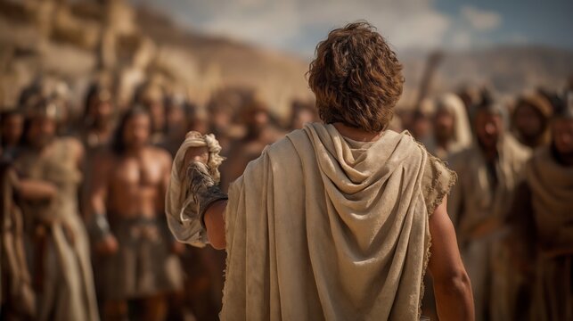 David stands before King Saul holding the torn piece of Saul&rsquo;s robe, revealing his innocence, restraint, and unwavering respect for the Lord&rsquo;s anointed despite being pursued.
