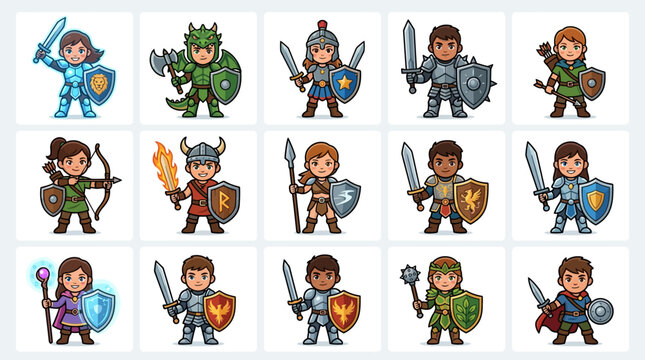 Cute Cartoon Fantasy Warriors: Knight, Archer, Dragon, Mage, Viking, Soldier - Vector Illustration