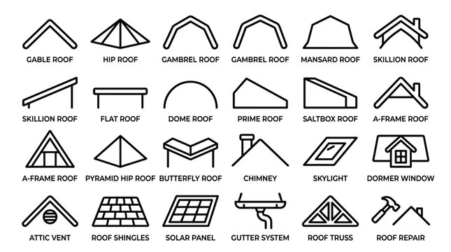 Collection of roof construction icons featuring various architectural styles and roofing elements for housing design and building industry planning and repair.