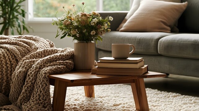 A cozy living room scene featuring soft textures stacked books and warm diffused daylight creating a comfortable and inviting interior atmosphere