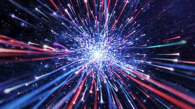 Abstract hyperspace warp speed tunnel with glowing red and blue light streaks, futuristic digital data flow and cosmic particle motion background