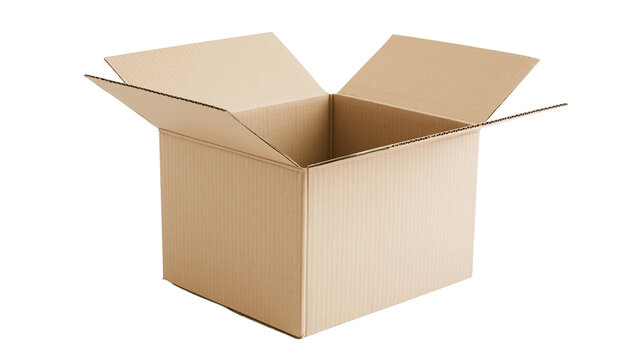 Open corrugated cardboard box with flaps extended, isolated on transparent background