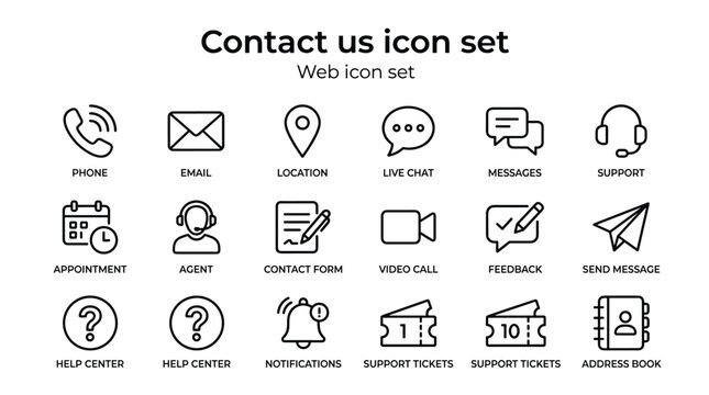 Contact us icon set vector in outline style for web and app user interface including phone, email, location, live chat, messages, support, agent.