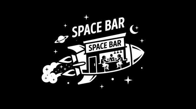 Space Bar wordplay concept vector illustration. Retro rocket spaceship transformed into a cosmic bar with astronauts drinking under the stars.