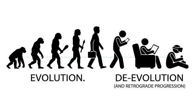 Human evolution to de-evolution concept vector illustration. From ape and primitive man to modern technology, smartphone, tablet, and VR addiction.