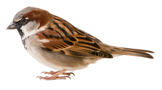 Male house sparrow with brown and grey plumage, isolated on transparent background
