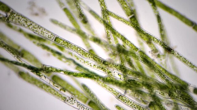 Microscopic view of Marimo moss ball filaments under magnification 