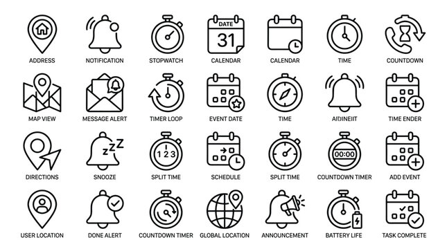 Detailed time and location navigation icon set with address notification stopwatch calendar time countdown map view message alert timer loop and global location symbols.