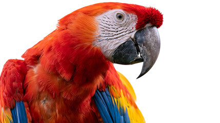Scarlet macaw parrot with vibrant red yellow and blue feathers, isolated on transparent background © PNGera