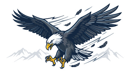 Fototapeta premium Majestic eagle diving with wings fully spread, sharp talons extended, wind streaks, flying feathers and subtle mountain silhouettes, bold streetwear vector illustration, graffiti-inspired graphic, mas