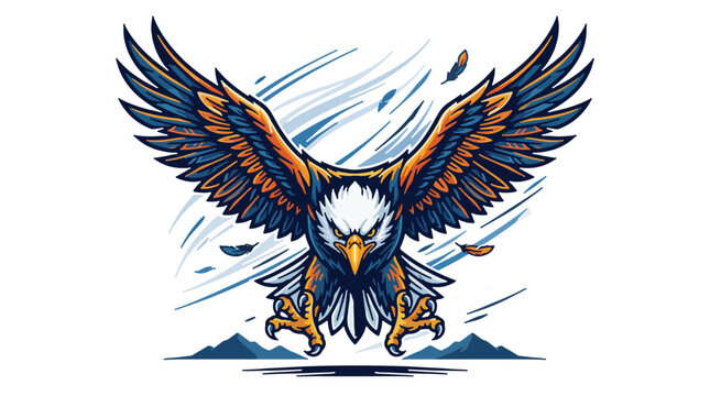 Majestic eagle diving with wings fully spread, sharp talons extended, wind streaks, flying feathers and subtle mountain silhouettes, bold streetwear vector illustration, graffiti-inspired graphic, mas