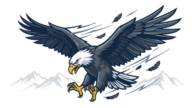 Majestic eagle diving with wings fully spread, sharp talons extended, wind streaks, flying feathers and subtle mountain silhouettes, bold streetwear vector illustration, graffiti-inspired graphic, mas
