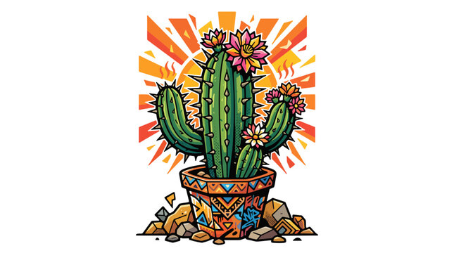 Large desert cactus with oversized sharp spines, decorative flower pot, desert stones, blooming flowers and sunburst rays, bold streetwear vector illustration, graffiti-inspired graphic, geometric com